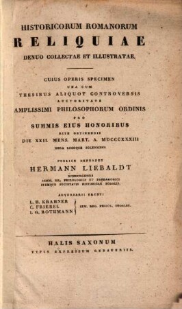 Historicorum romanorum reliquiae denuo collectae et illustratae