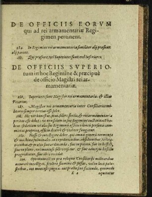 De Officiis Superiorum in hoc Regimine & praecipue de officio Magistri rei armamentariae