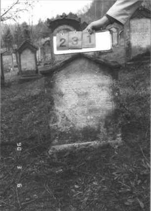 Grabstein 231 (Index: 99608955) Material: Sandstein Zustand: stärker verwittert Maße HxBxT: 67x46x11 cm Beschreibung: Stele auf Sockel, eingezogener Giebel: Grabstein 231