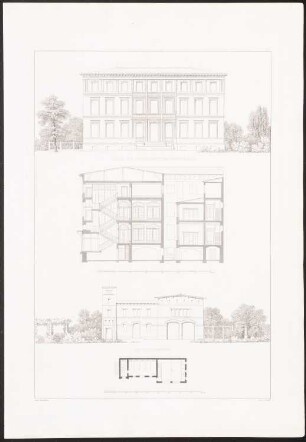 Wohnhaus Bellevuestraße 16, Berlin: Ansicht , Querschnitt, Grundriss, Ansicht Stallgebäude (aus: Architektonisches Album, Bd. 1, H.3, hrsg.v. Stüler, Knoblauch, Salzenberg, Strack, Runge, 1839)