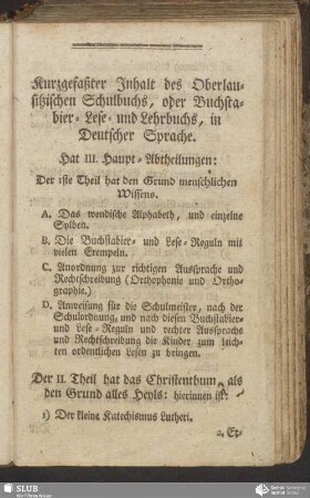Kurzgefaßter Inhalt des Oberlausitzischen Schulbuchs, oder Buchstabier-Lese- und Lehrbuchs, in Deutscher Sprache