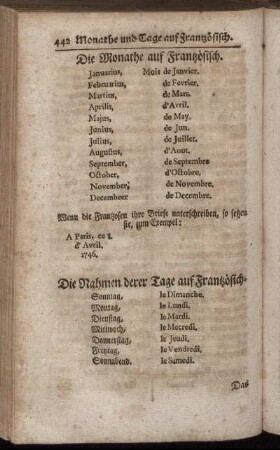 Die Monathe auf Frantzösisch. - Die Nahmen derer Tage auf Frantzösisch.