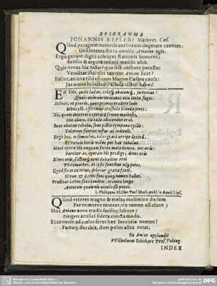 EPIGRAMMA JOHANNIS KEPLERI Mathem. Caef.