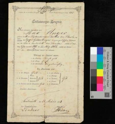 Laufende Nr. des Entlassungs-Zeugnisses 460 Laufende Nr. des Schülerverzeichnisses 803 - Abschrift