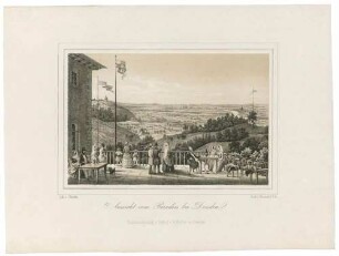 Das Berggasthaus "Paradies" im ehemaligen gräflich Flemmingschen Weingut am Höhenweg 1 in Radebeul-Niederlößnitz, 1827 im toskanischen Stil erneuert, Blick von der Terrasse nach Südosten auf das Elbtal