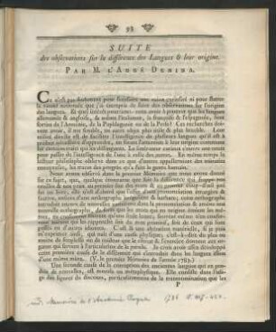 Suite des observations sur la différence des Langues & leur origine