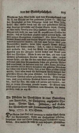 Die Pflichten der Verehlichten in einer Sammlung von Amtsreden, bei Einsegnung angehender Eheleute. T.4.