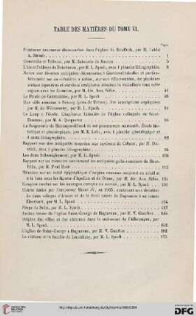 Table des matières du tome VI.