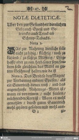 Notae Diaeteticae. Uber den zur Gesundheit dienlichen Gebrauch Speiß und Getrancks, auch Trinck- un[d] Schnup-Tabacks