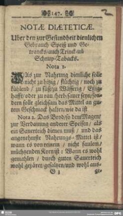 Notae Diaeteticae. Uber den zur Gesundheit dienlichen Gebrauch Speiß und Getrancks, auch Trinck- un[d] Schnup-Tabacks