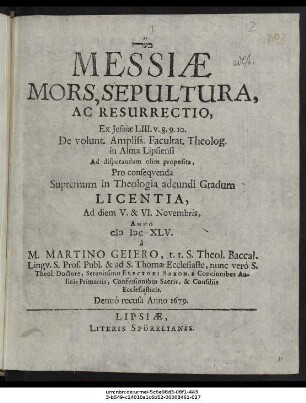 Messiae Mors, Sepultura, Ac Resurrectio, Ex Jesaiae LIII.v.8.9.10.