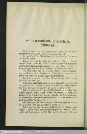 22. Wohlthätigkeit, Vermächtnisse, Stiftungen