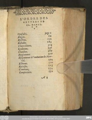 L'Ordre Des Oeuvres De Cl. Marot.