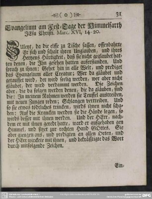 Evangelium am Fest-Tage der Himmelfarth Jesu Christi. Marc. XVI, 14-20
