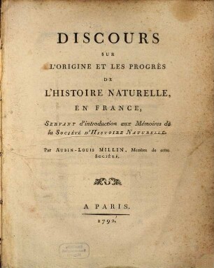 Discours sur l'origine et les progrès de l'histoire naturelle en France