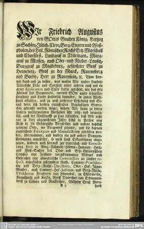 Wir Friedrich Augustus von Gottes Gnaden König, Hertzog zu Sachsen, Jülich, Cleve, Berg, ...