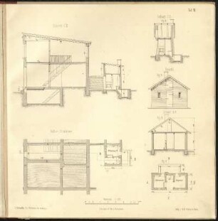Tafel VII: Beispiel eines Arbeiterwohnhauses, Ansicht, Schnitt, Grundriss