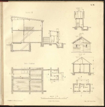 Tafel VII: Beispiel eines Arbeiterwohnhauses, Ansicht, Schnitt, Grundriss