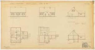 Siedlung mit Einzelhäusern und Doppelhäusern, Unterlüß: Doppelhaus Typ 10: 3 Ansichten, 1 Schnitt, Grundrisse Kellergeschoss und Erdgeschoss 1:100