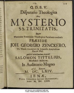 Disputatio Theologica De Mysterio SS. Trinitatis