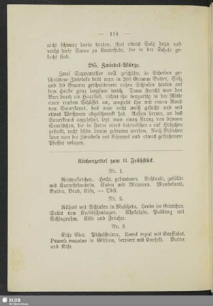 Küchenzettel zum II. Frühstück