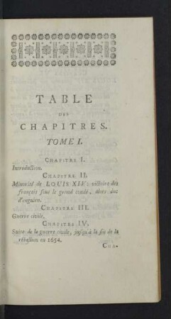 Table des chapitres. Tome I.