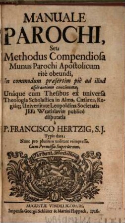 Manuale Parochi, Seu Methodus Compendiosa Munus Parochi Apostolicum ritè obeundi
