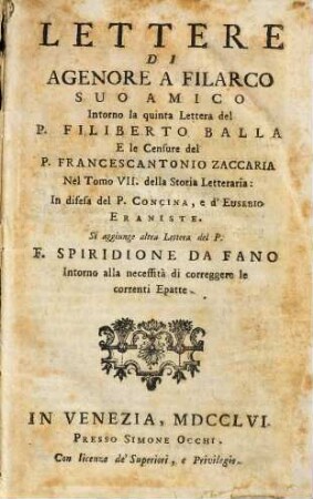 Lettere di Agenore a Filarco suo amico in difesa del P. Concina e di Eusebio Eraniste. [1]