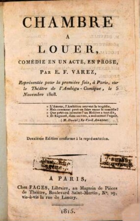 Chambre à louer : comédie en un acte, en prose