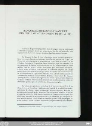 Banques Européennes, Finance Et Industrie Au Moyen-Orient De 1871 A 1914