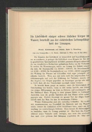Die Löslichkeit einiger schwer löslicher Körper im Wasser, beurteilt aus der elektrischen Leitungsfähigkeit der Lösungen.