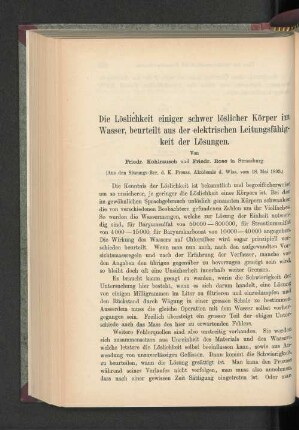 Die Löslichkeit einiger schwer löslicher Körper im Wasser, beurteilt aus der elektrischen Leitungsfähigkeit der Lösungen.