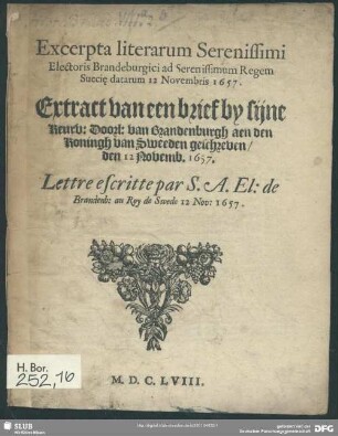 Excerpta literarum serenissimi electoris Brandenburgici ad serenissimum Regem Sueciae datarum 12. Novembris 1657