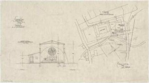 Gsaenger, Gustav; Dingolfing (Bayern), Reichenbergstr.; Ev. Kirche, Gemeindehaus und Pfarrhaus - Tekturplan u. 2. Bauabschnitt (Lageplan, Schnitt)