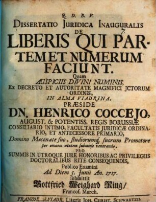 Dissertatio Juridica Inauguralis De Liberis Qui Partem Et Numerum Faciunt