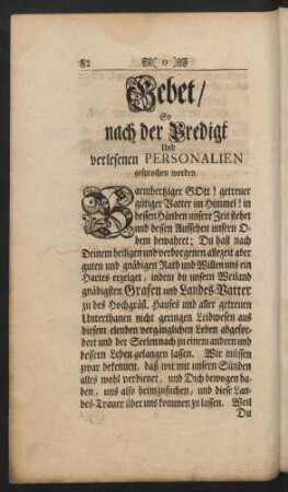 Gebet/ So nach der Predigt Und verlesenen Personalien gesprochen worden.