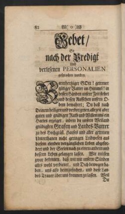 Gebet/ So nach der Predigt Und verlesenen Personalien gesprochen worden.
