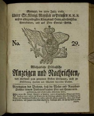 No. 29. Montags, den 20ten Julii, 1761.