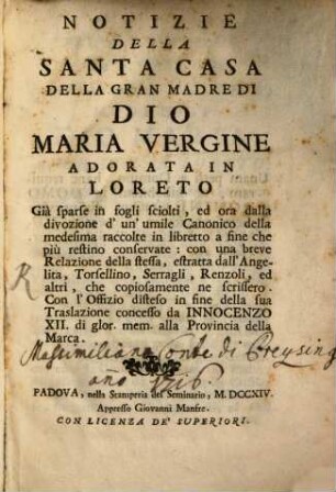 Notizie della Santa Casa della Madre di Dio Maria Vergine in Loreto