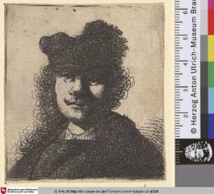 [Selbstbildnis mit Mütze und dunklem Mantel; Self-Portrait in a Cap and Dark Cloak: Bust; Portrait de Rembrandt avec le bonnet fourré et l'habit noir]