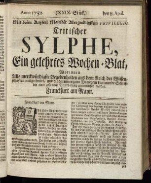 (XXIX. Stück.) den 8. April. Anno 1752.