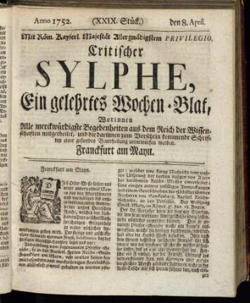 (XXIX. Stück.) den 8. April. Anno 1752.