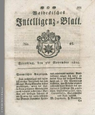 No. 45, Dienstag, den 5ten November 1805
