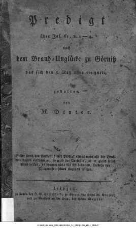 Predigt über Jes. 61 v. 1 - 4. nach dem Brand-Unglücke zu Görnitz das sich den 5. May 1811 ereignete