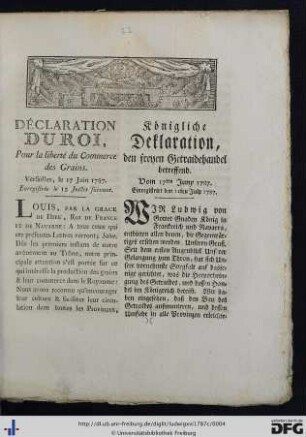 Déclaration Du Roi, Pour la liberté du Commerce des Grains.