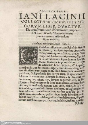 Iani Lancinii Collectaneorum Chymicorum. Liber Quartus.