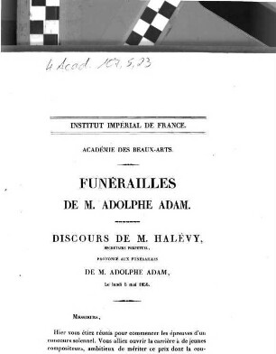 Funérailles de M. Adolph Adam : Discours de M. F. Halévy ... le lundi 5 mai 1856