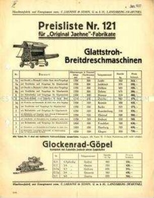 Preisliste über Dreschmaschinen und Göpel