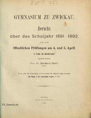 Bericht : über das Schuljahr .... 1891/92