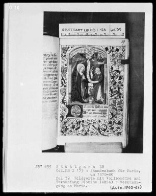 Lateinisches Stundenbuch — Verkündigung an Maria, gerahmt von einer Vollbordüre, Folio 39recto